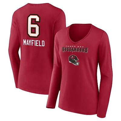 Women's Baker Mayfield Red Tampa Bay Buccaneers Team Wordmark Player Name & Number Long Sleeve V-Neck T-Shirt