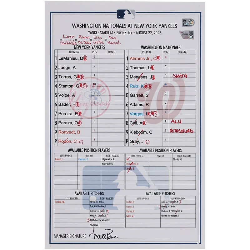 New York Yankees Game-Used Lineup Card vs. Washington Nationals on August 22, 2023 - Everson Pereira MLB Debut