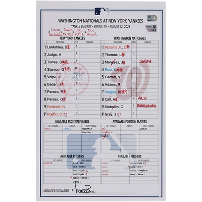 New York Yankees Game-Used Lineup Card vs. Washington Nationals on August 22, 2023 - Everson Pereira MLB Debut
