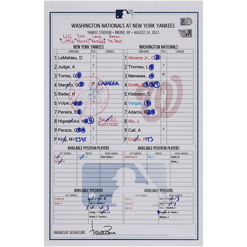 New York Yankees Game-Used Lineup Card vs. Washington Nationals on August 24, 2023 - Everson Pereira First Career Hit