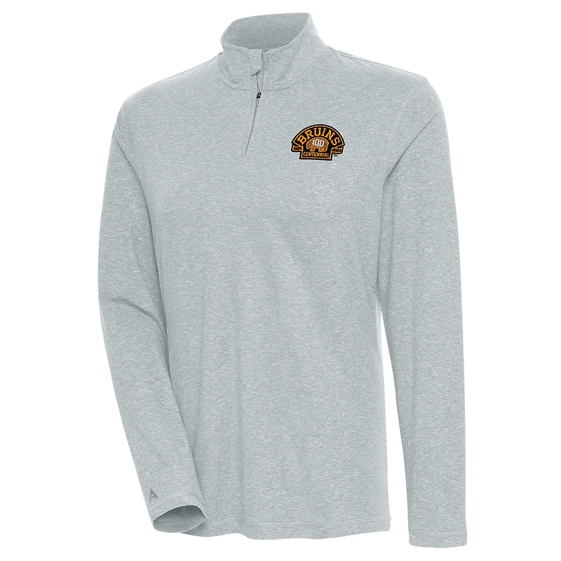 Women's Antigua  Heather Gray Boston Bruins 100th Anniversary Confront Quarter-Zip Pullover Top