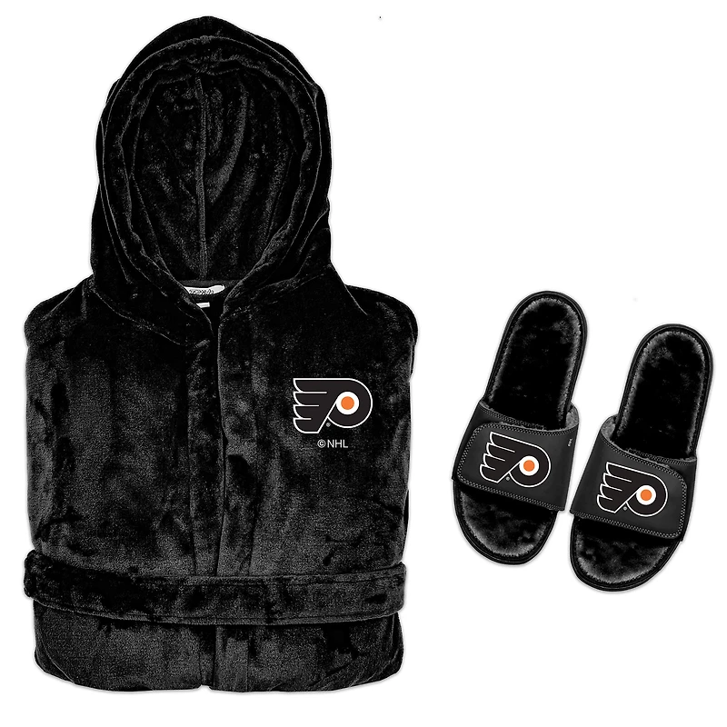 Men's ISlide  Black Philadelphia Flyers Hooded Phantom Robe & Fur Slide Bundle