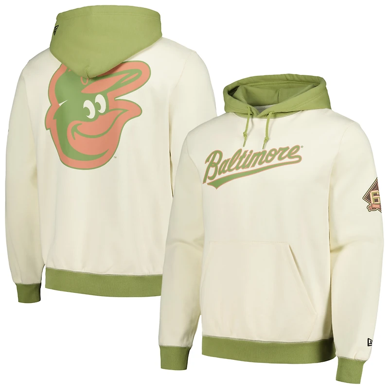 Men's New Era Cream/Green Baltimore Orioles Color Pop Pullover Hoodie