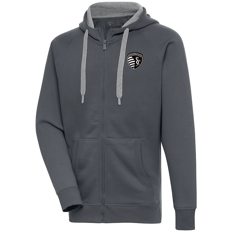 Men's Antigua  Charcoal Sporting Kansas City Brushed Metallic Victory Full-Zip Hoodie
