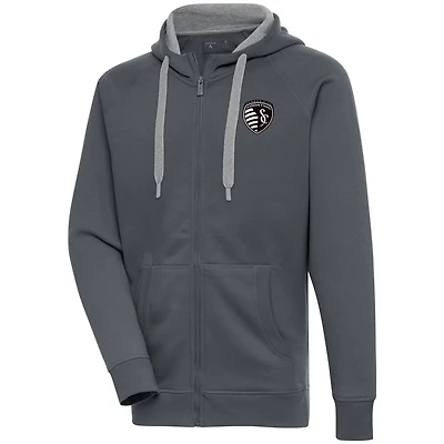 Men's Antigua  Charcoal Sporting Kansas City Brushed Metallic Victory Full-Zip Hoodie