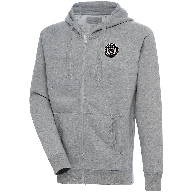 Men's Antigua  Heather Gray Philadelphia Union Brushed Metallic Victory Raglan Full-Zip Hoodie