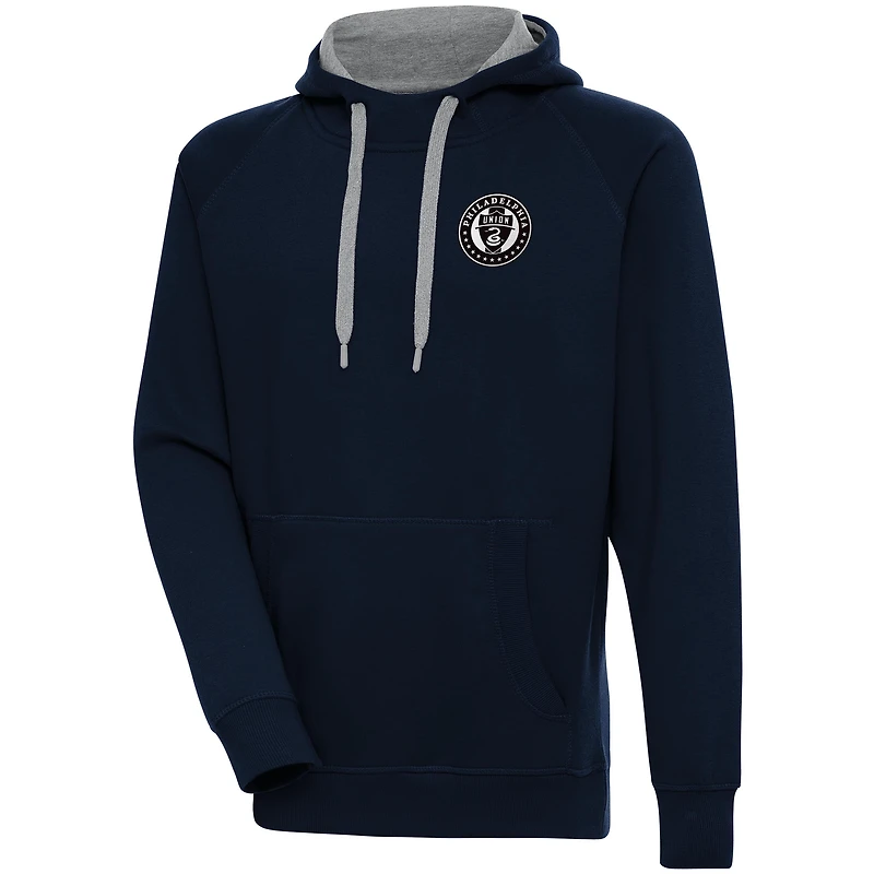 Men's Antigua  Navy Philadelphia Union Brushed Metallic Victory Raglan Pullover Hoodie