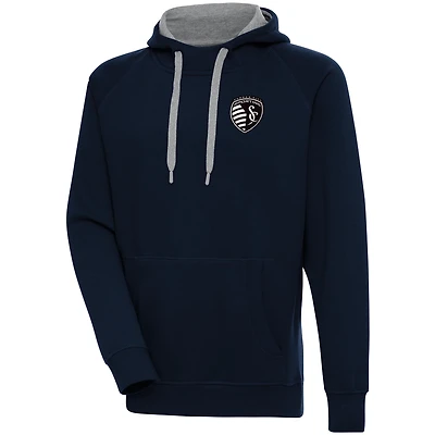 Men's Antigua  Navy Sporting Kansas City Brushed Metallic Victory Raglan Pullover Hoodie