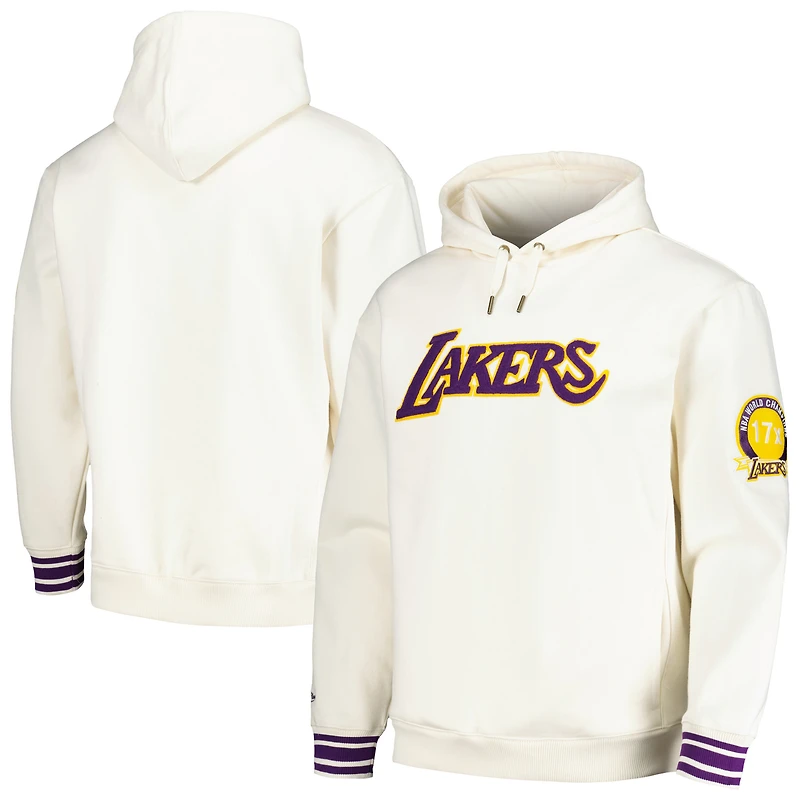 Men's Mitchell & Ness Cream Los Angeles Lakers Chainstitch Felt Pullover Hoodie