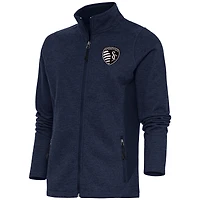 Women's Antigua  Heather Navy Sporting Kansas City Brushed Metallic Course Full-Zip Jacket