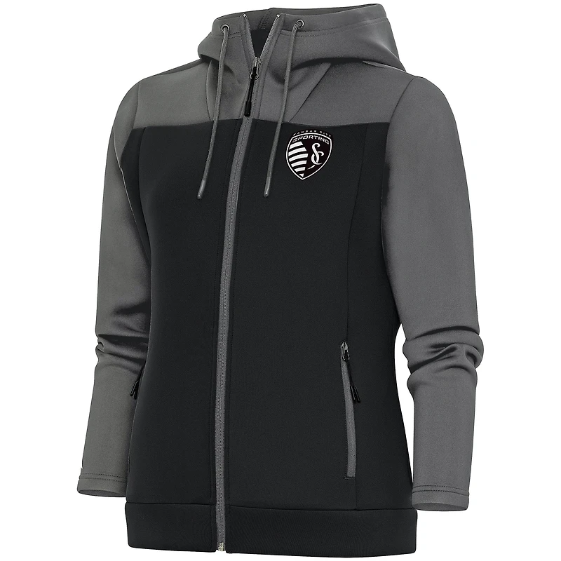 Women's Antigua  Steel/Gray Sporting Kansas City Brushed Metallic Protect Full-Zip Hoodie