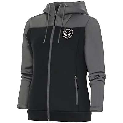 Women's Antigua  Steel/Gray Sporting Kansas City Brushed Metallic Protect Full-Zip Hoodie