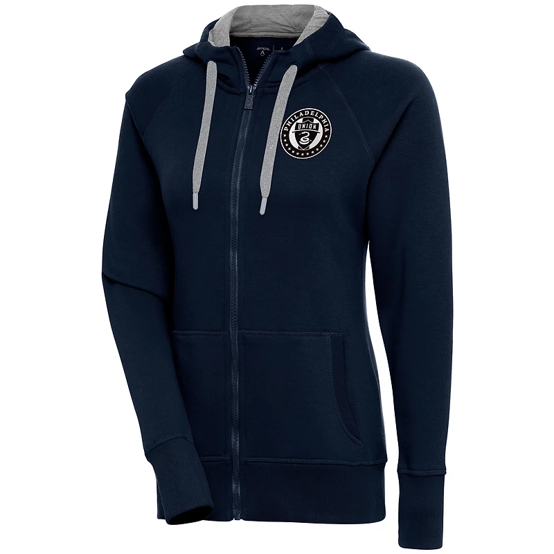 Women's Antigua  Navy Philadelphia Union Brushed Metallic Victory Raglan Full-Zip Hoodie