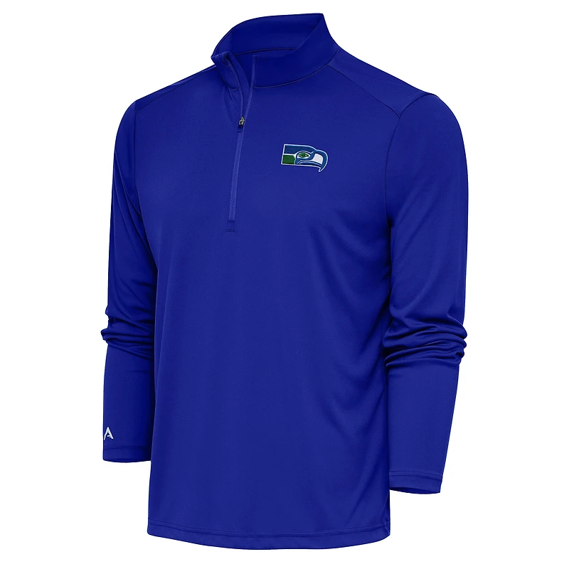 Men's Antigua Royal Seattle Seahawks Throwback Logo Tribute Quarter-Zip Pullover
