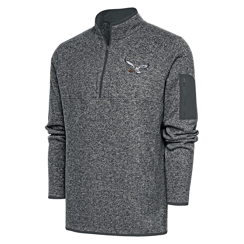 Men's Antigua Heather Gray Philadelphia Eagles Throwback Logo Fortune Quarter-Zip Pullover Jacket