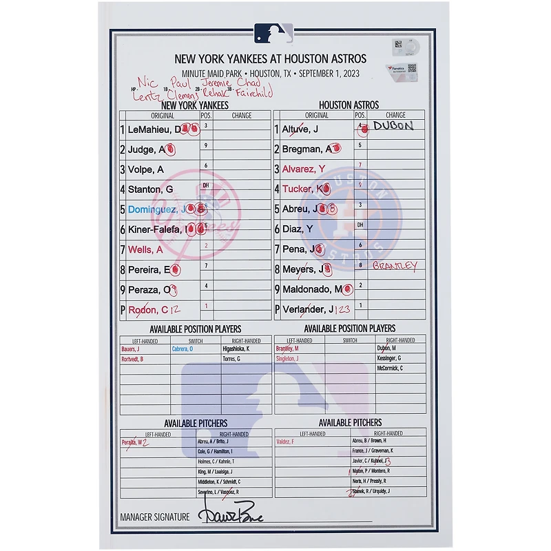 New York Yankees Game-Used Lineup Card vs. Houston Astros on September 1, 2023 - Jasson Dominguez MLB Debut