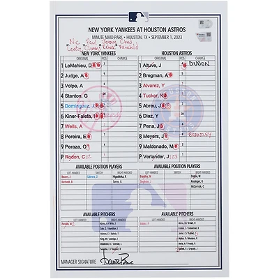 New York Yankees Game-Used Lineup Card vs. Houston Astros on September 1, 2023 - Jasson Dominguez MLB Debut