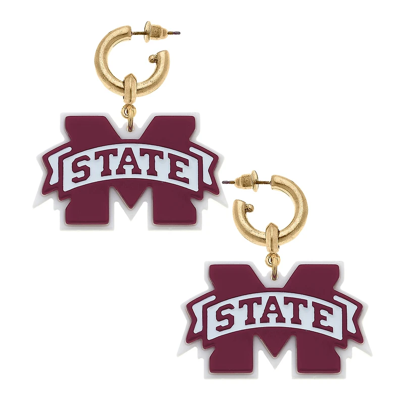 Women' CANVAS Style Mississippi State Bulldogs Resin Logo Drop Hoop Earrings