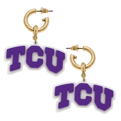 Women' CANVAS Style TCU Horned Frogs Resin Logo Drop Hoop Earrings