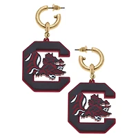 Women' CANVAS Style South Carolina Gamecocks Resin Logo Drop Hoop Earrings