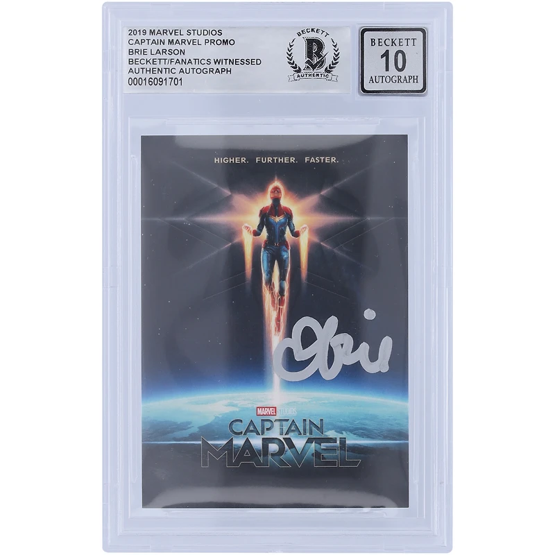 Brie Larson Captain Marvel Autographed 2019 Marvel Studios Promo Flying Silver Ink #BL Beckett Fanatics Witnessed Authenticated Card