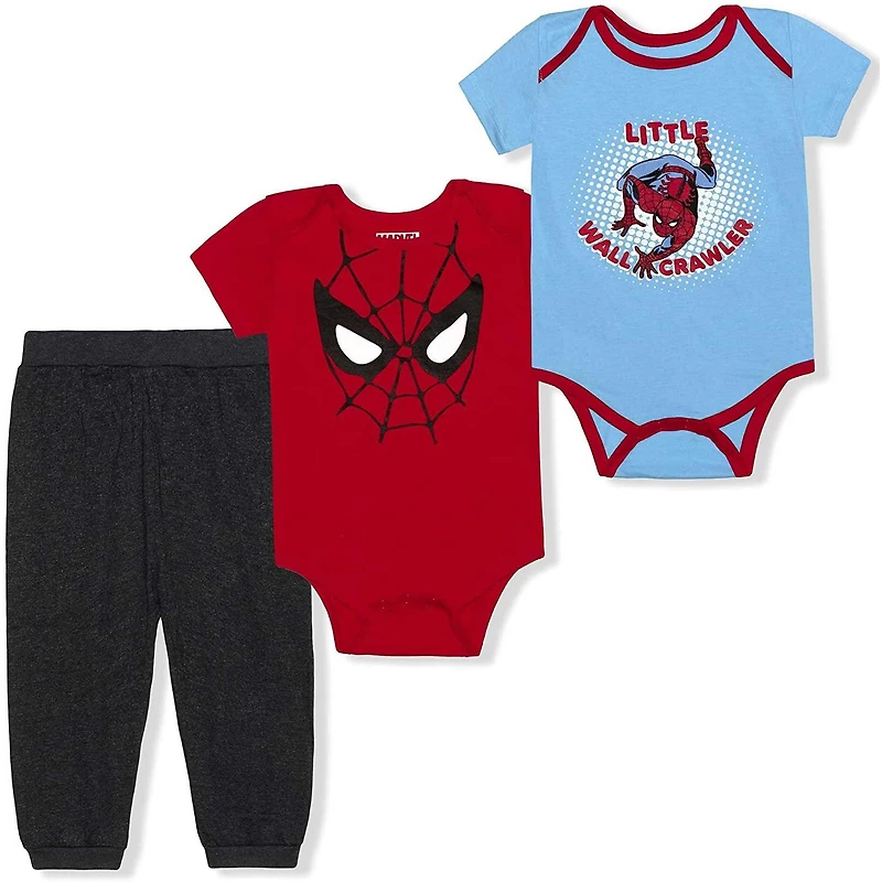 Newborn & Infant Red/Light Blue/Heather Black Spider-Man Little Wall Crawler 3-Piece Bodysuit & Jogger Pants Set