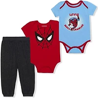 Newborn & Infant Red/Light Blue/Heather Black Spider-Man Little Wall Crawler 3-Piece Bodysuit & Jogger Pants Set