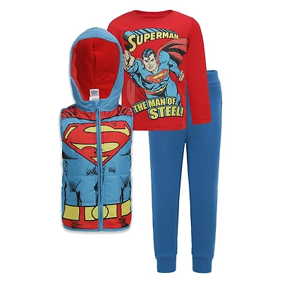 Preschool  Blue Superman Long Sleeve T-Shirt, Pants & Full-Zip Hoodie Vest Set
