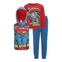 Toddler  Blue/Red Superman Long Sleeve T-Shirt, Pants & Full-Zip Hoodie Vest Set