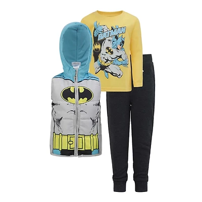 Toddler  Gray/Yellow Batman Long Sleeve T-Shirt, Pants & Full-Zip Hoodie Vest Set