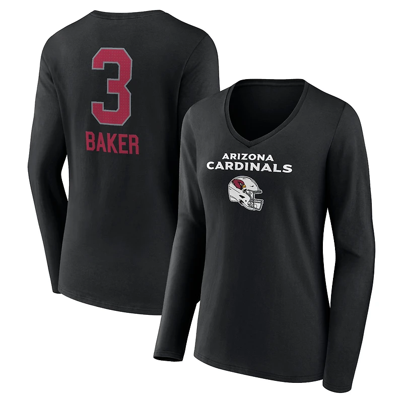 Women's Budda Baker Black Arizona Cardinals Team Wordmark Player Name & Number Long Sleeve V-Neck T-Shirt