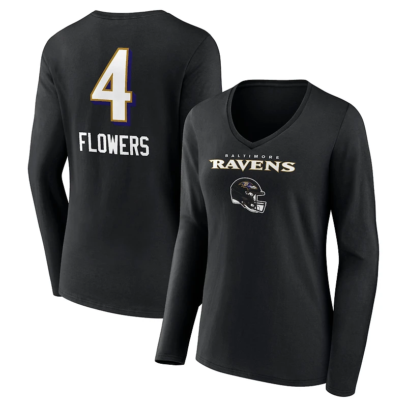Women's Zay Flowers Black Baltimore Ravens Team Wordmark Player Name & Number Long Sleeve V-Neck T-Shirt