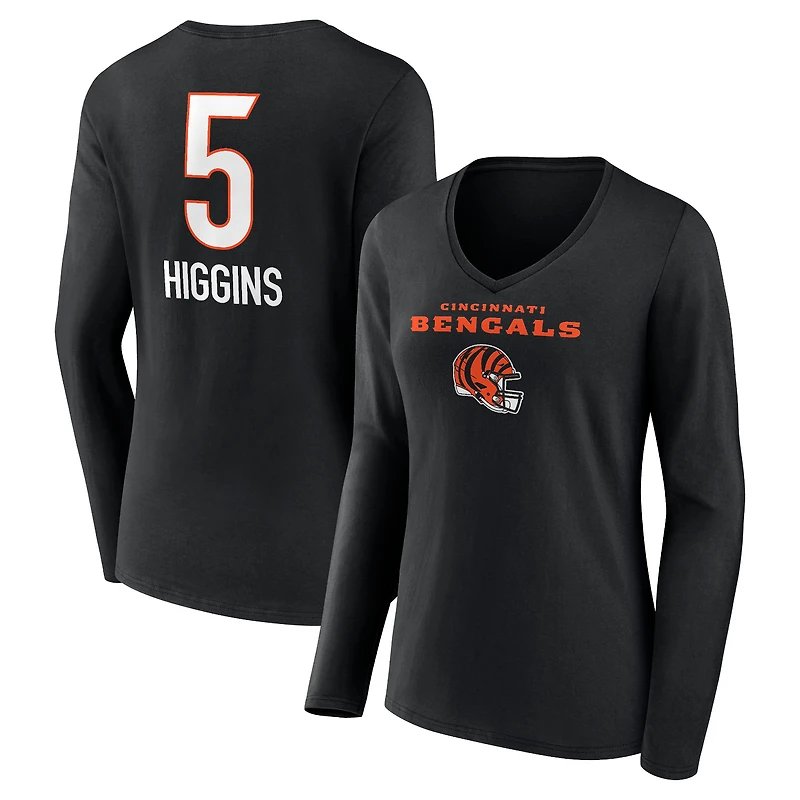 Women's Tee Higgins Black Cincinnati Bengals Team Wordmark Player Name & Number Long Sleeve V-Neck T-Shirt