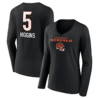 Women's Tee Higgins Black Cincinnati Bengals Team Wordmark Player Name & Number Long Sleeve V-Neck T-Shirt