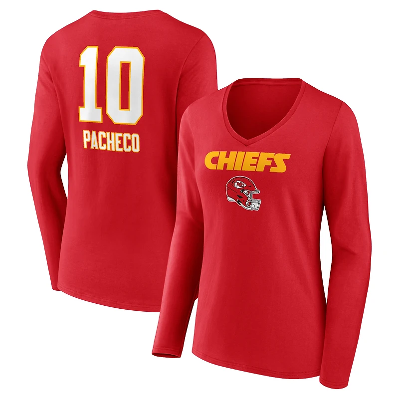Women's Isiah Pacheco Red Kansas City Chiefs Team Wordmark Player Name & Number Long Sleeve V-Neck T-Shirt