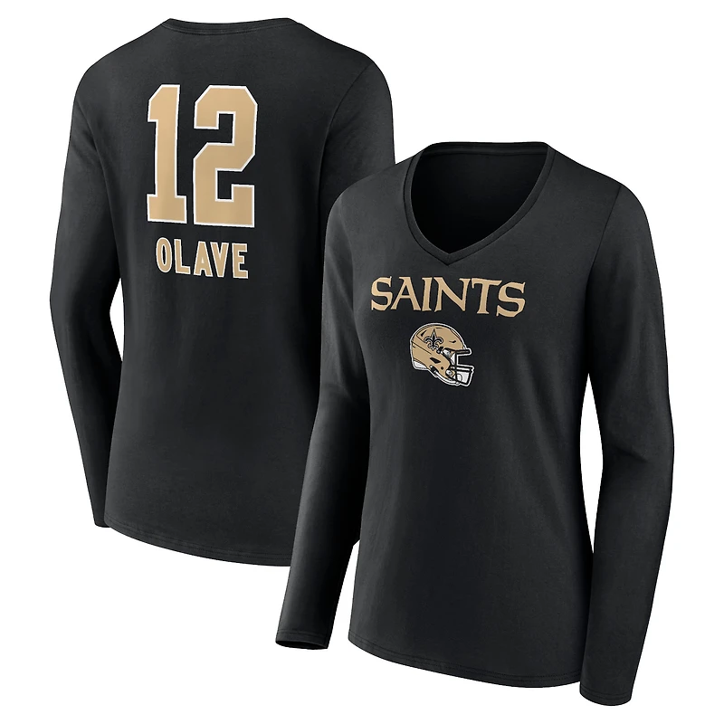 Women's Chris Olave Black New Orleans Saints Team Wordmark Player Name & Number Long Sleeve V-Neck T-Shirt