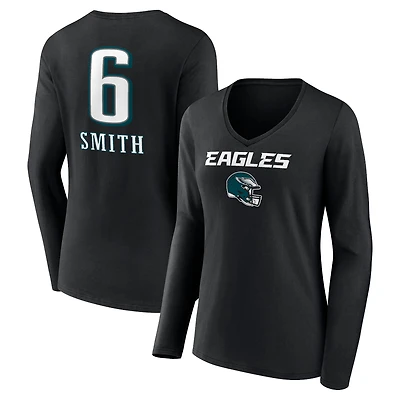Women's DeVonta Smith Black Philadelphia Eagles Team Wordmark Player Name & Number Long Sleeve V-Neck T-Shirt