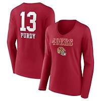Women's Brock Purdy Scarlet San Francisco 49ers Team Wordmark Player Name & Number Long Sleeve V-Neck T-Shirt
