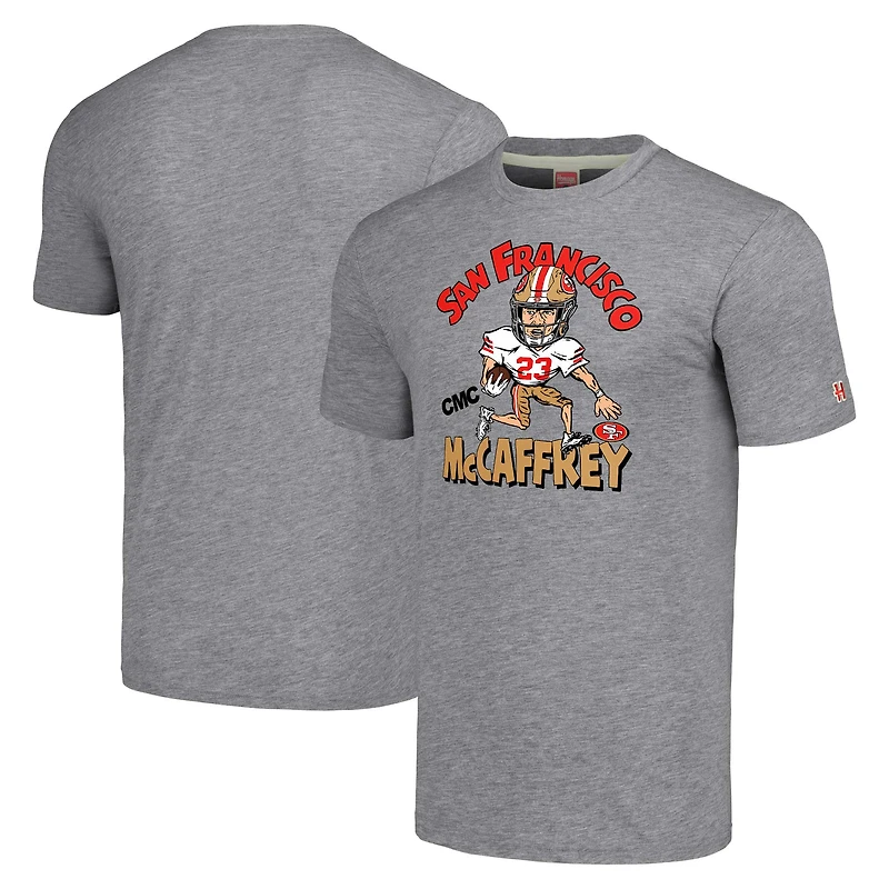 Unisex Homage Christian McCaffrey Gray San Francisco 49ers Caricature Player Tri-Blend T-Shirt