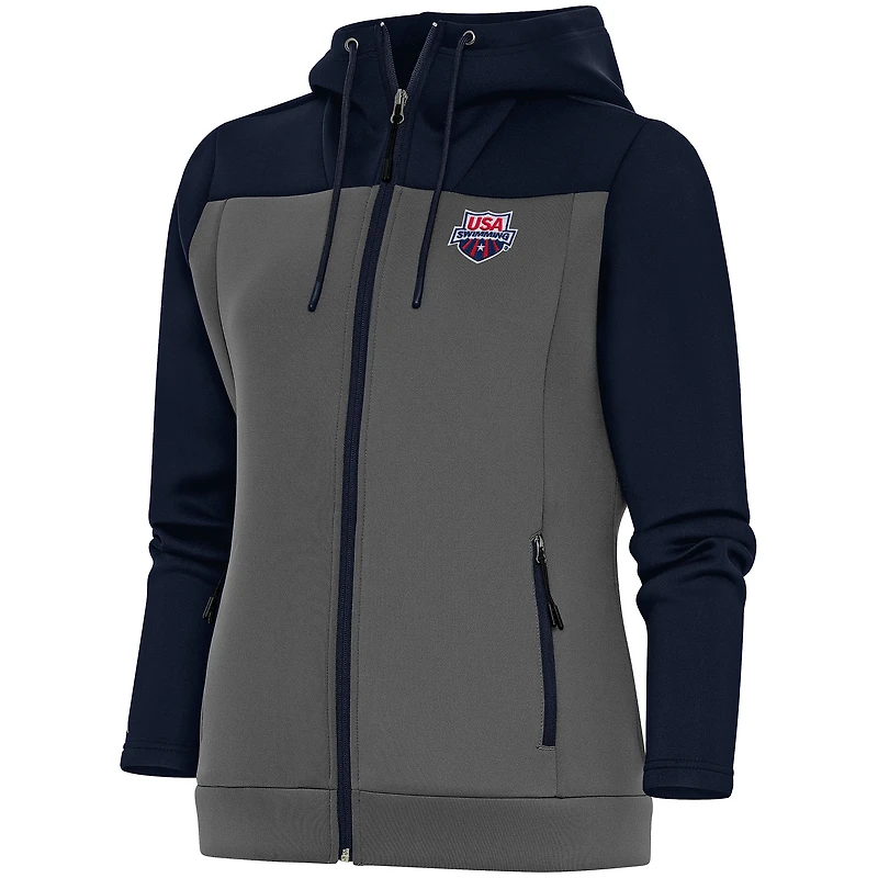Women's Antigua  Navy/Steel USA Swimming Protect Full-Zip Hoodie