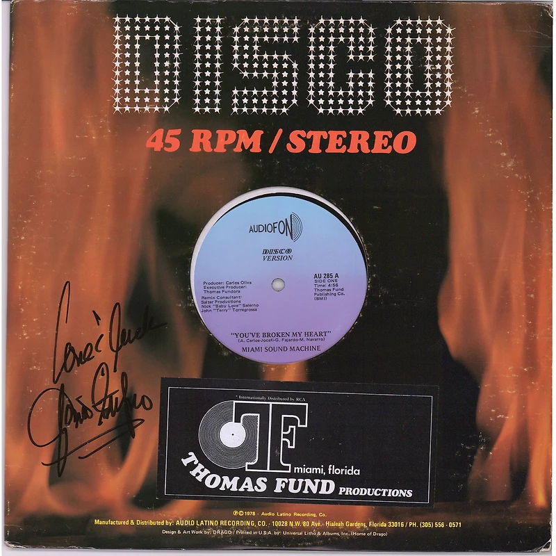 Gloria Estefan Autographed Gloria Estefan & The Miami Sound Machine Disco Single Album Cover With Love & Luck Inscription - PSA