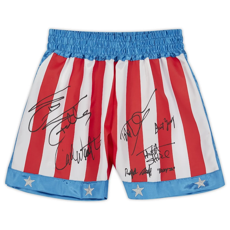 Rocky IV Cast Autographed American Flag Boxing Trunks with 6 Signatures and "Rocky Jr." Inscription
