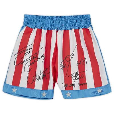 Rocky IV Cast Autographed American Flag Boxing Trunks with 6 Signatures and "Rocky Jr." Inscription