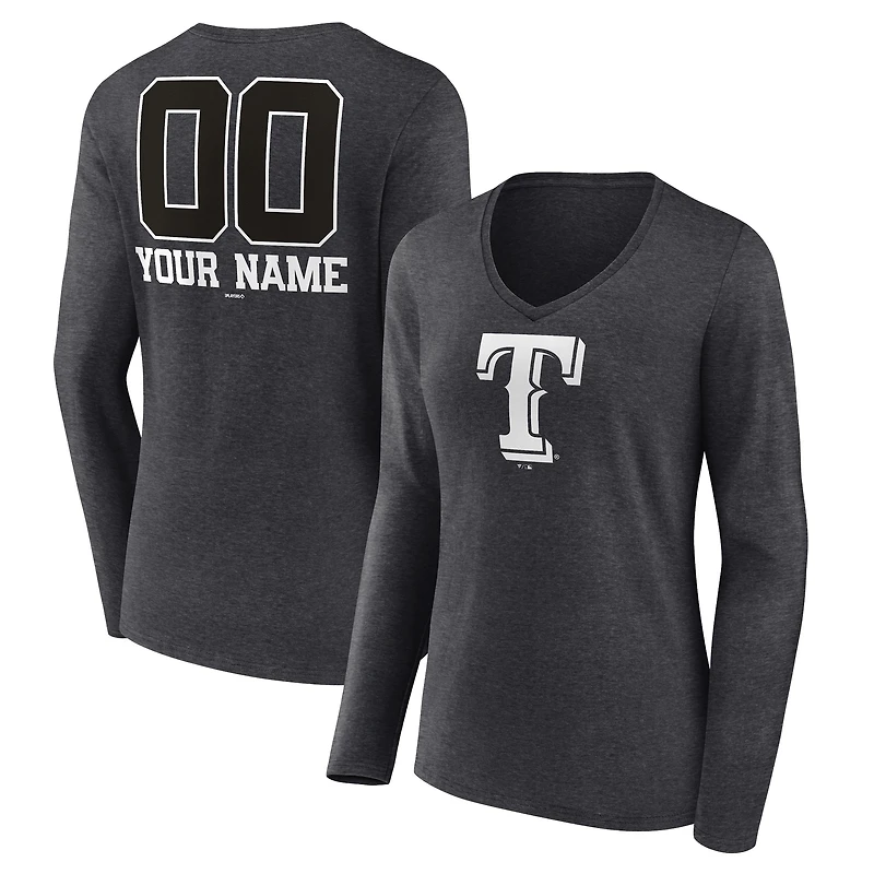 Women's Charcoal Texas Rangers Personalized Monochrome Name & Number Long Sleeve V-Neck T-Shirt