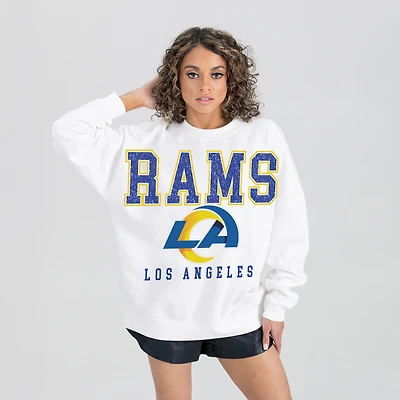 Women's Gameday Couture  White Los Angeles Rams Sunday Drives Oversized Crewneck Pullover Sweatshirt