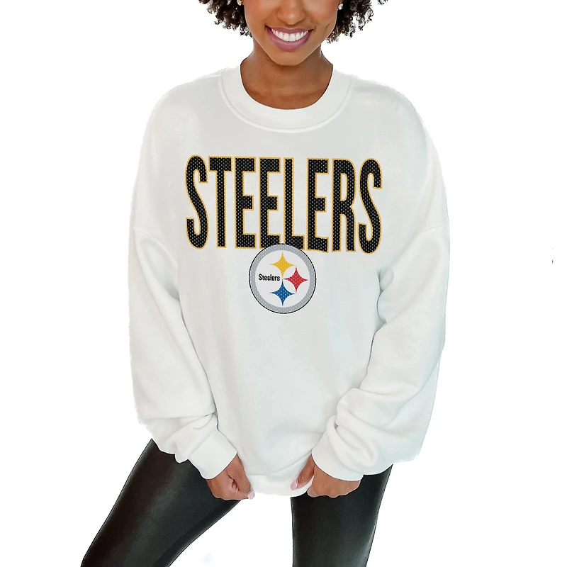 Women's Gameday Couture White Pittsburgh Steelers Just Go With It Oversized Long Sleeve Crewneck Sweatshirt