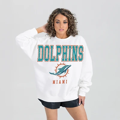 Women's Gameday Couture  White Miami Dolphins Sunday Drives Oversized Crewneck Pullover Sweatshirt