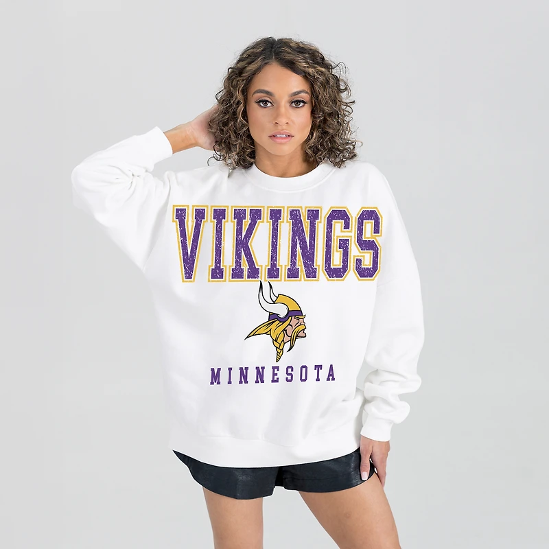 Women's Gameday Couture White Minnesota Vikings Sunday Drives Oversized Crewneck Pullover Sweatshirt