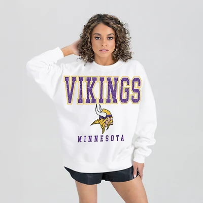 Women's Gameday Couture  White Minnesota Vikings Sunday Drives Oversized Crewneck Pullover Sweatshirt