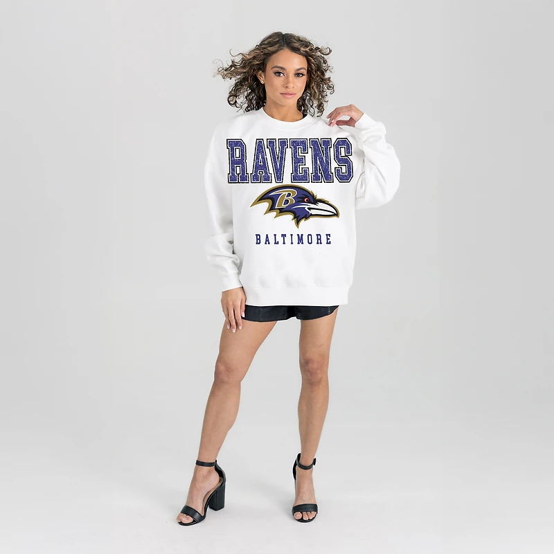 Women's Gameday Couture  White Baltimore Ravens Sunday Drives Oversized Crewneck Pullover Sweatshirt